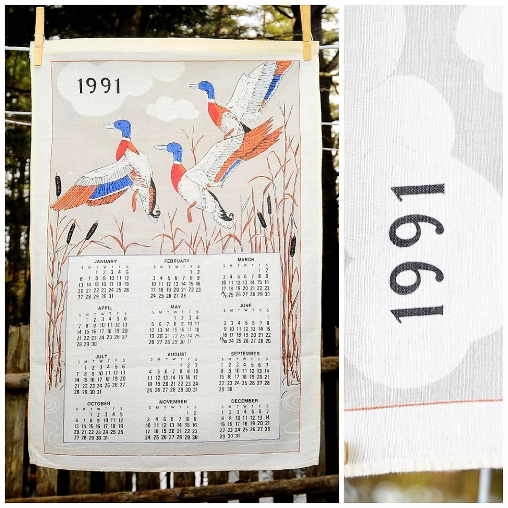 VTG 1991 Flying Mallard Ducks in Reeds Calendar Towel Muted Colors Birthday Gift